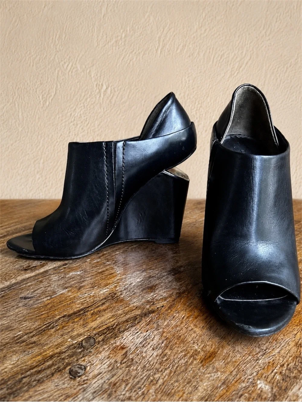 Alexander Wang Alla Black Leather Peep Toe Cutout Wedge Booties 36.5 US 6.5
